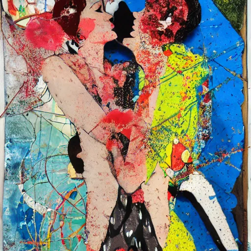 Image similar to two women kissing at a carnival in spring, mixed media collage, retro, paper collage, magazine collage, acrylic paint splatters, bauhaus, claymation, layered paper art, sapphic visual poetry expressing the utmost of desires by jackson pollock