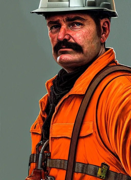 Prompt: a russian railroad electrician!!!, male!!, wearing orange vest!! hard hat, harness, siberian forest!!, portrait, dirty, fat, ugly, intricate, elegant, highly detailed, digital painting, artstation, concept art, wallpaper, smooth, sharp focus, illustration, art by artgerm and greg rutkowski and alphonse mucha