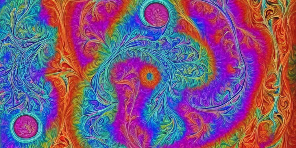 Prompt: fractal painting in style of Alex Grey of a woman's body. Anatomy, energy, colors, high detail