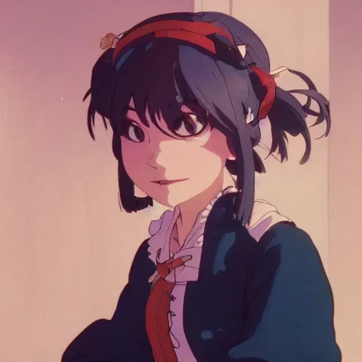 Image similar to a maid girl winking, film still, studio portrait, high quality, wlop, greg rutkowski, alphonse mucha, makoto shinkai, studio ghibli, highly detailed, 4 k