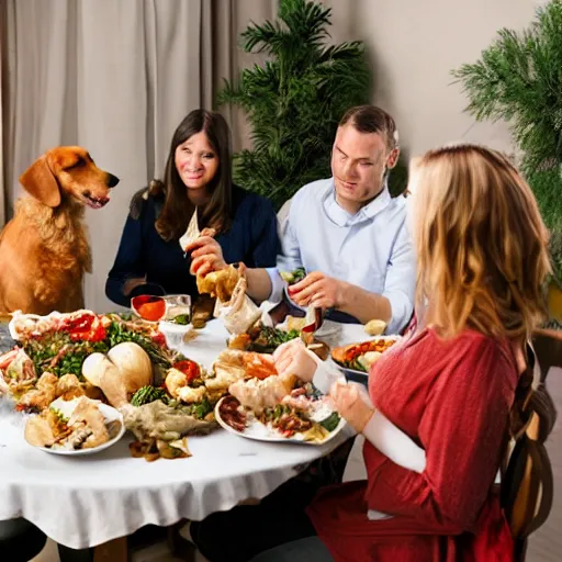 Image similar to Photo of a civilized and well dressed dog family around a dinner table having turkey and bone salads