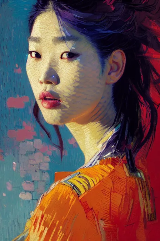 Image similar to portrait of a beautiful asian female, complementary colors, beautiful face, rule of thirds, intricate outfit, spotlight, by greg rutkowski, by jeremy mann, by francoise nielly, by van gogh, digital painting