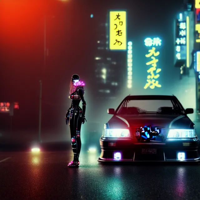 Prompt: toyota jzx 1 0 0 illegal drift car with cyberpunk robot geisha girl standing, detailed wheels, shibuya prefecture, cinematic lighting, fog mist smoke, photorealistic, night photography, octane render by tomino - sama