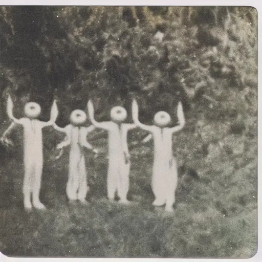 Image similar to polaroid photograph of horrorific extraterrestrial beings visiting earth, 1 9 5 0