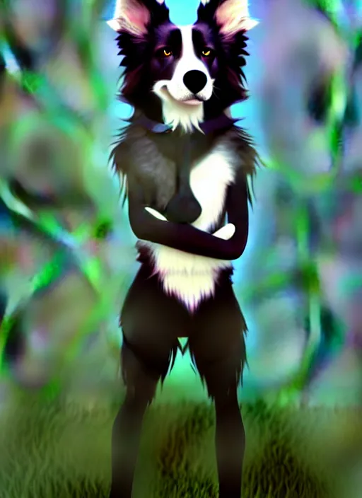 Prompt: wide angle beautiful full body portrait of a cute male anthropomorphic anthro border collie fursona posing in front of a park, character design by charlie bowater, henry asencio, and ross tran, furry art, furaffinity, beautiful, glamor pose, detailed, aesthetic, trending on artstation