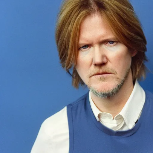 Prompt: david sylvian, 1 9 8 6, brunette hair, blue background, atmospheric