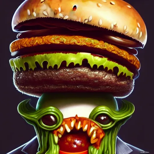 Image similar to a monster with a hamburger head on a suit, hamburger monster, burger face, burger with human eyes, burger with a mouth, very detailed eyes, character concept art, fantasy, intricate, fantasy drawing, illustration, highly detailed, hyperrealistic, cgsociety, artstation, oil painting by greg rutkowski, by artgerm