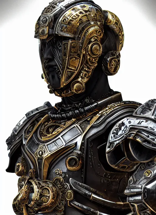 Prompt: hyper realistic glorious ancient in a obsidian metal armor, futuristic design, portrait, cyberpunk style, wood and gold details, intricate, extremely detailed, deep of field, hard surface, exoskeleton, substance designer metal unreal engine. amazing likeness. very detailed.