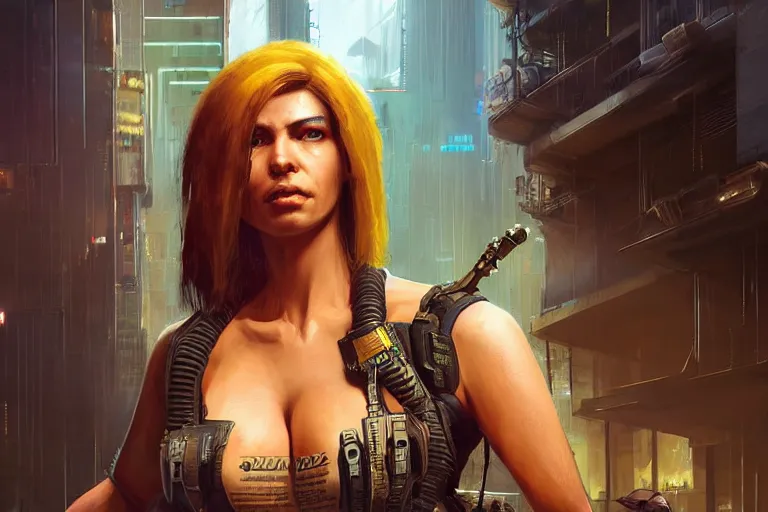 Image similar to A solarpunk very highly detailed Judy Alvarez from the videogame Cyberpunk 2077, with very highly detailed face on the street of a very highly detailed smooth solarpunk city digital concept art by Greg Rutkowski, neofuturistic highly detailed, digital concept art, Dimensional cyan gold natural light, sharp focus, Golden Ratio illustration, realistic concept art by Stephen Hickman and James Gurney and Hiromasa Ogura Ghost in the Shell rendered in Octane Render, From the distance