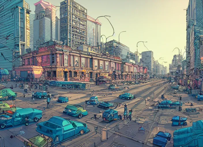 Prompt: wide view of a city, on the street, no cars. sharp focus, cinematic pose, cinematic lighting, unreal engine render. art by josan gonzales and moebius and deathburger.