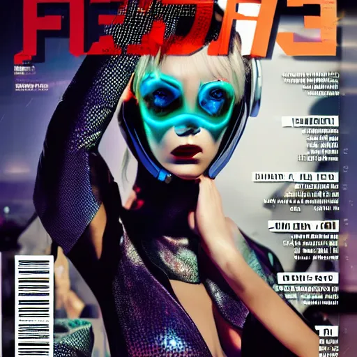 Image similar to cyber punk fashion magazine cover, girl, real, posing, ultrareal