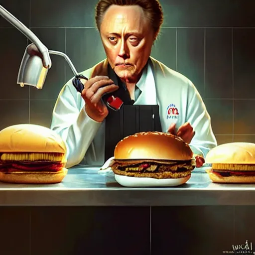 Image similar to Christopher Walken performing emergency surgery on a big mac hamburger, dripping BBQ Sauce, operating on burgers, operating room, surgical gear, intricate, elegant, highly detailed, digital painting, artstation, concept art, matte, sharp focus, illustration, art by Artgerm and Greg Rutkowski and Alphonse Mucha