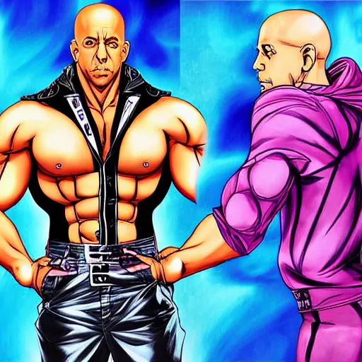 Image similar to Digital painting of Vin Diesel wearing clothes designed by Emilio Pucci walking like a Italian model in JoJo\'s Bizzare Adventure anime style, official media from JoJo\'s Bizzare Adventure, highly detailed, sharp focus, hard shadows, 1990s manga panel, ArtStation, art by Hirohiko Araki