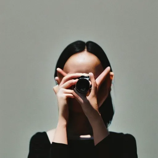 Prompt: a woman holding a camera up to her face, a character portrait by ren hang, featured on cg society, art photography, dslr, dslr camera, shallow depth of fie