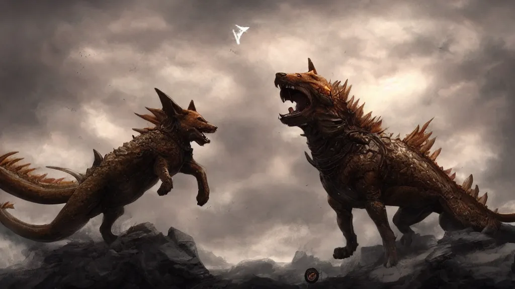 Prompt: Shiba Inu dog riding a large dragon :: concept art, matte painting, highly detailed, artstation, dynamic, epic composition