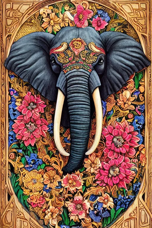 Image similar to Painted dark-wood panel relief carving of a close up of a Flowerpunk Matriarch Elephant, ornate border frame, explosion of colorful flowers, dark wood, intricately carved, black ink, festival of rich colors, intricate details, cinematic lighting, volumetric lighting, post-processing, art nouveau, by andreas rocha and john howe, and Martin Johnson Heade, featured on artstation, featured on behance, golden ratio, hyper detailed, photorealistic, epic composition, center spotlight, f32, well composed, symmetrical, UE5, 8k