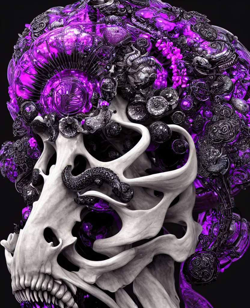 Image similar to goddess princess face close-up portrait ram skull. sculpture made of black and dichroic. jellyfish phoenix head, nautilus, orchid, skull, betta fish, bioluminiscent creatures, intricate artwork by Tooth Wu and wlop and beeple. octane render, trending on artstation, greg rutkowski very coherent symmetrical artwork. cinematic, hyper realism, high detail, octane render, 8k