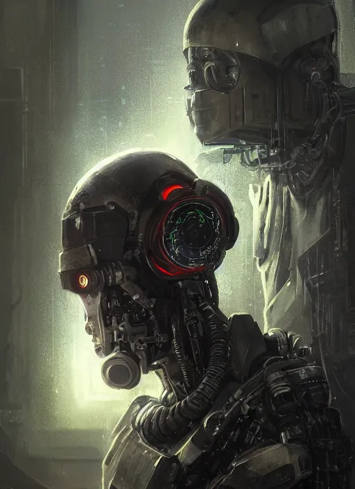 Image similar to handsome man half covered face with cybernetic enhancements as seen from a distance, scifi character portrait by greg rutkowski, esuthio, craig mullins, 1 / 4 headshot, cinematic lighting, dystopian scifi gear, gloomy, profile picture, mechanical, half robot, implants, solarpunk