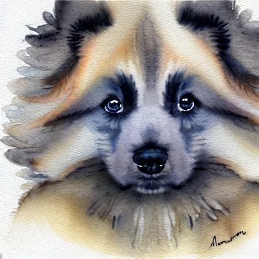 Image similar to a keeshond puppy watercolor painting by jean - baptiste monge, muted colors