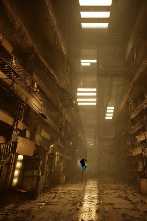 Prompt: inside of an underground factory with ladders, walkways, doors, like maze, ominous, dark, bleak, , rendered in octane, in the style of bladerunner 2049, dystopian, sci fi, v-ray, cinematic composition, hyperdetailed, artstation, cgsociety, 8k