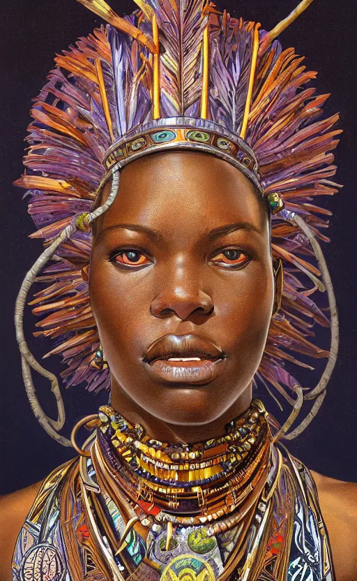 Image similar to upper half portrait of retro futuristic african tribal chief - embellished with vegetation and iridescent crystals art by joseph christian leyendecker, design blocking by alphonso mucha and drew struzan, highly detailed, digital painting, airbrush, concept art, illustration, smooth sharp focus, intricate, symmetry,