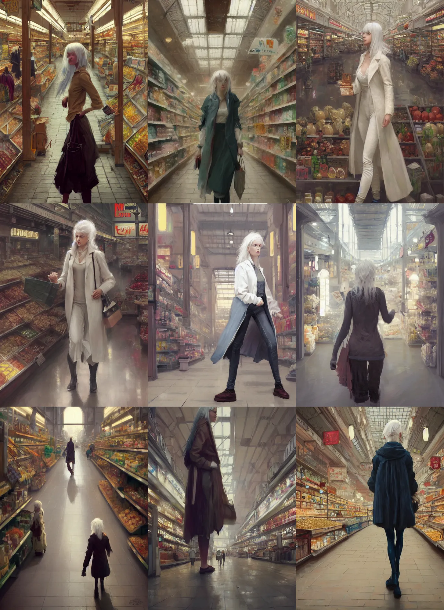 Prompt: a digital paintig of a full body portrait of a random young gorgeous white haired female character shopping in the mart, by greg rutkowski, trending on artstation