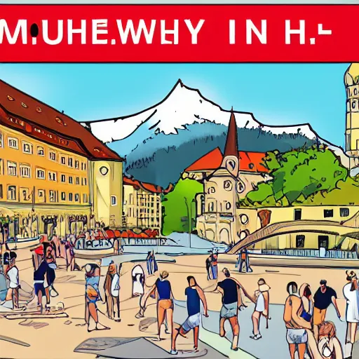 Image similar to munich against a background of mountains sunny hot weather comic style