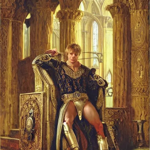 Prompt: attractive bradley james as king arthur pendragon, sat in his throne, big arches in the back, very detailed painting by gaston bussiere, j. c. leyendecker