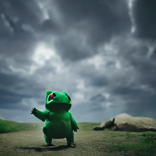 Image similar to 4 k photography, full view, bulbasaur inspired men's suit, put on a mannequin, wide shot, epic, cinematic lighting, beautiful composition, cinematic