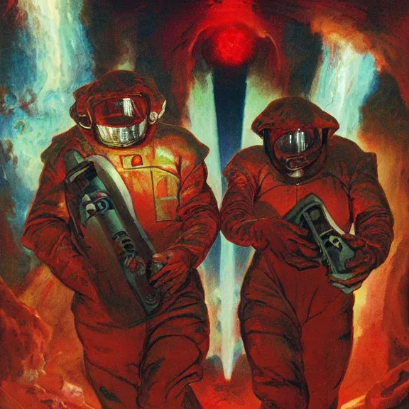 Prompt: two scientist wearing red hazmat suits entering the geometric crystal nebula dimensional gateway by frank frazetta. neon lighting.