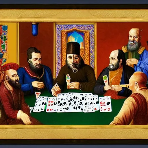 Prompt: Gods from different religions playing poker by Cassius Marcellus Coolidge