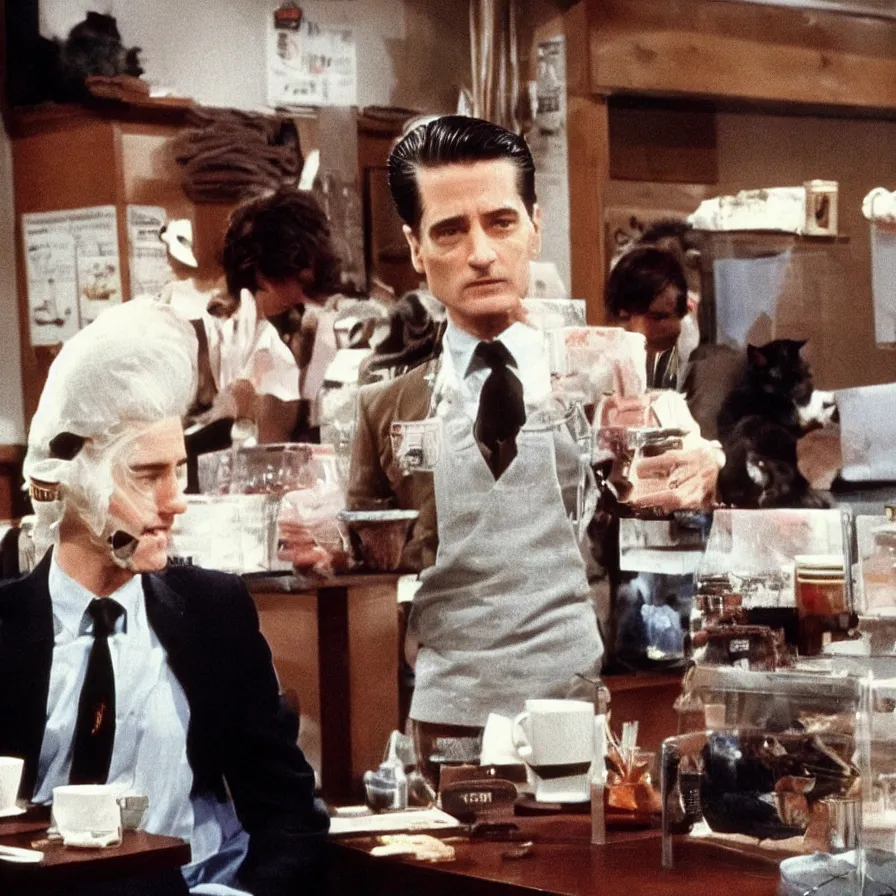 Prompt: special agent dale cooper at a cat cafe, twin peaks, television 1980s