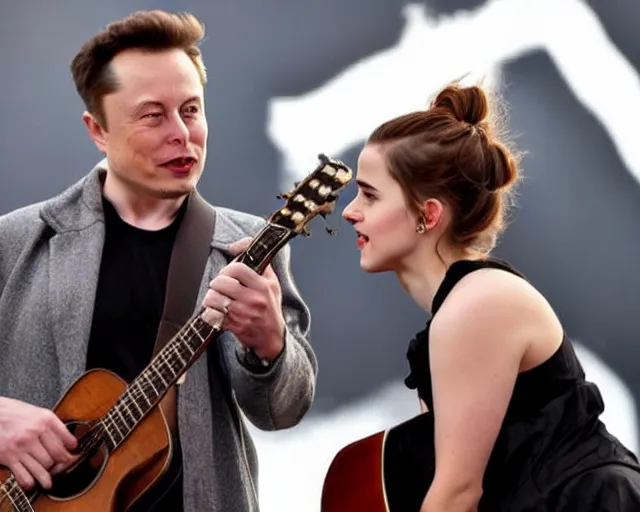 Image similar to elon musk & emma watson performing at woodstock