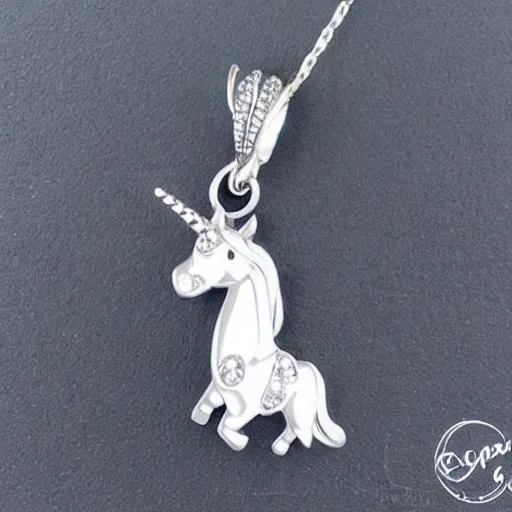 Image similar to a lovely cute silver cartoon unicorn necklace pendant, 3 d rendering, pandora style, tiffany style, swarovski style, van cleef & arpels style, cartier style, boucheron style, bulgari style, chaumet style, elegant, noble, stylish