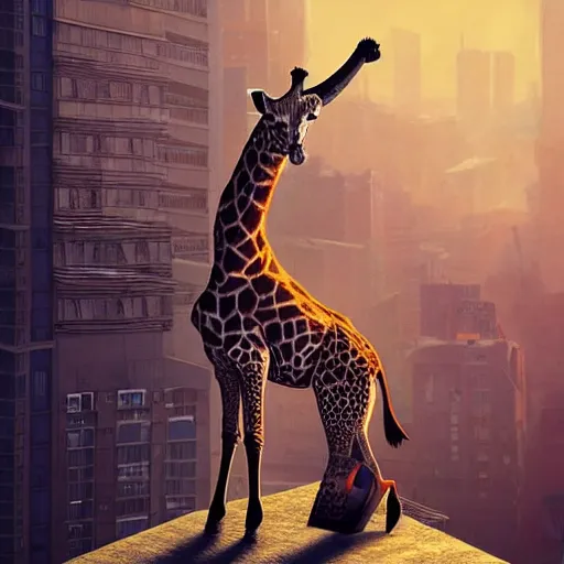Prompt: a full body painting of a [ giraffe standing on rooftop ] [ no human ], intricate, epic lighting, cinematic composition, hyper realistic, 8 k resolution, unreal engine 5, by artgerm, tooth wu, dan mumford, beeple, wlop, rossdraws, james jean, andrei riabovitchev, marc simonetti, artstation