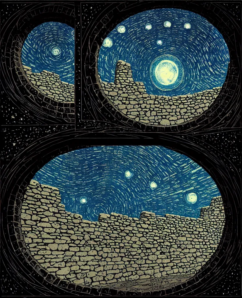 Image similar to stone wall inside of a ancient castle, round window looking out to the starry night sky, high details, intricately detailed, by vincent di fate, inking, 3 color screen print, masterpiece, trending on artstation,, sharp, details, hyper - detailed, hd, 4 k, 8 k