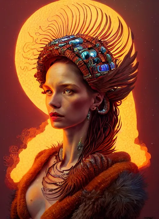 Prompt: an anton pieck portrait of a goddess, 8 k micro details beautiful intricate highly detailed quetzalcoatl skull and feathers. fire, galaxy, artwork by tooth wu and wlop and beeple and greg rutkowski, trending on artstation,