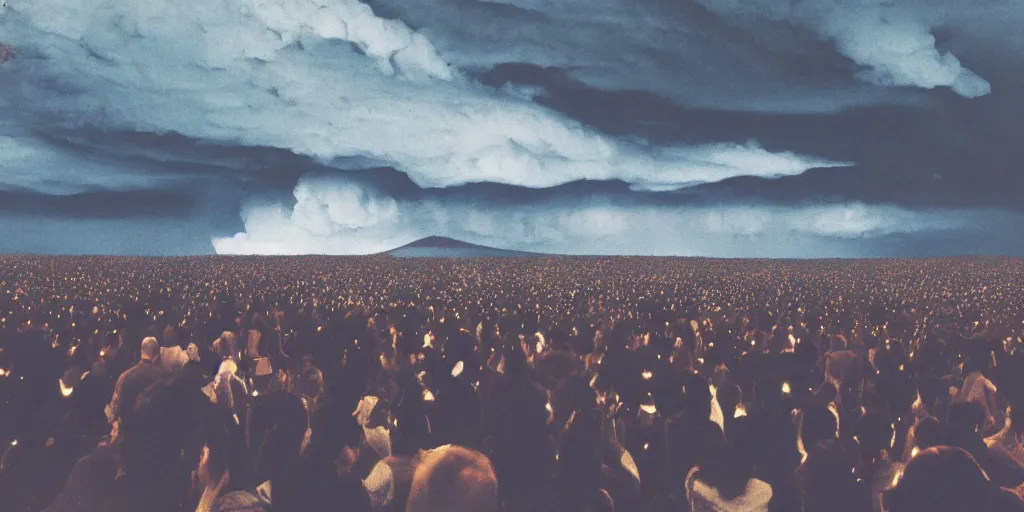 Prompt: A levitating crowd of people made from bright glowing volcanic stones floating in the air, storm clouds raining bright lava from the sky, Swelling waves, 8k photorealistic, dramatic lighting, chiaroscuro, William Eggleston