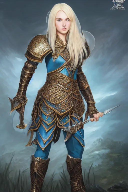 Image similar to highly detailed full body shot of a proud young elven knight in the style of Warhammer Fantasy by Artgerm and Arian Mark, short blonde hair, blue eyes, sapphire earrings, no helmet, low angle shot, highly detailed, trending on artstation, cgsociety, 4k, 8k, HDR, octane render, unreal engine