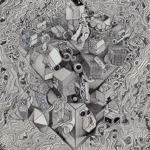 Prompt: “geometrically incomprehensible surreal order of cubes, extremely high detail, photorealistic, intricate line drawings, painted cube spaces, dotart, album art in the style of James Jean”