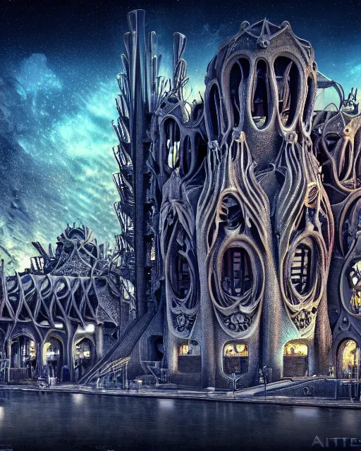 Image similar to a beautiful ultradetailed rendering of architecture arsenal industrial architecture by antoni gaudi, sci - fi galactic cosmic elysian landscape magic realism darkacademia junglepunk uv light, archdaily, wallpaper, highly detailed, trending on artstation.