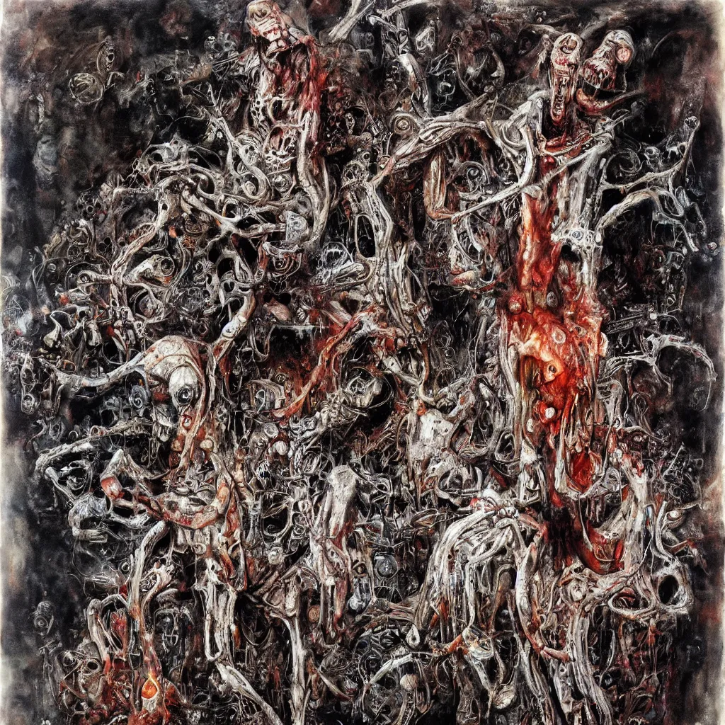 Image similar to Moloch full body shot, hyper-realistic oil painting, Body horror, biopunk, by Ralph Steadman, Francis Bacon, Hunter S Thompson