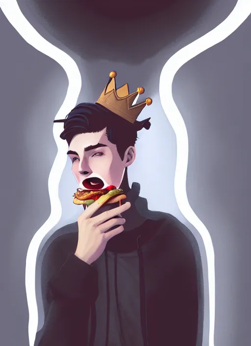 Image similar to portrait of teenage jughead jones wearing a light grey crown, crown, eating hamburger, eyes closed, crown, black hair, intricate, elegant, glowing lights, warm lighting, highly detailed, digital painting, artstation, concept art, smooth, sharp focus, illustration, art by wlop, mars ravelo and greg rutkowski