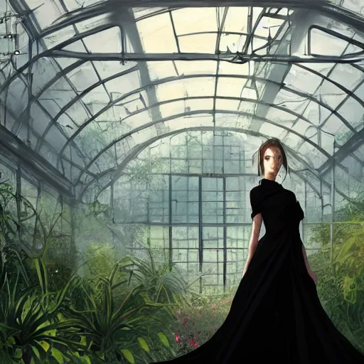 Image similar to portrait of a woman in a black dress standing in an elegant greenhouse garden, dramatic lighting, illustration by greg rutkowski, yoji shinkawa, 4 k, digital art, concept art, trending on artstation