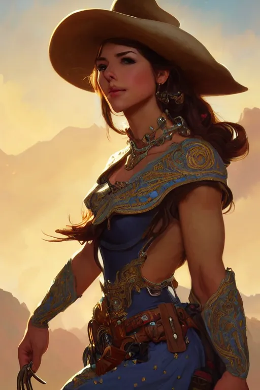 Image similar to beautiful female cowgirl, full body shot, d & d, fantasy, intricate, elegant, highly detailed, digital painting, artstation, concept art, matte, sharp focus, illustration, hearthstone, art by artgerm and greg rutkowski and alphonse mucha