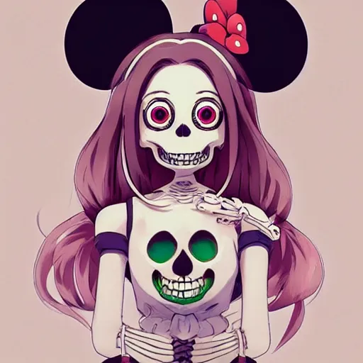 Prompt: manga fine details portrait of joyful skull girl skeleton, minnie mouse, bokeh. anime masterpiece by Studio Ghibli. 8k render, sharp high quality anime illustration in style of Ghibli, artstation