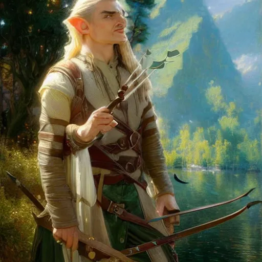 Image similar to a beautiful painting of attractive legolas the elf at the apple event, art photography, highly detailed painting by gaston bussiere, craig mullins, j. c. leyendecker 8 k, modern, apple event