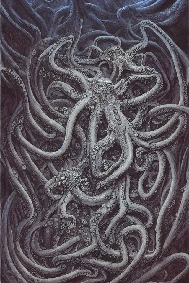 Prompt: alien octopus spider, in a dark cave with intricate writing on the walls, contrasting colors, Dan Seagrave