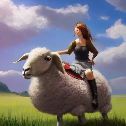 Prompt: girl riding a giant sheep in a field, trending on artstation