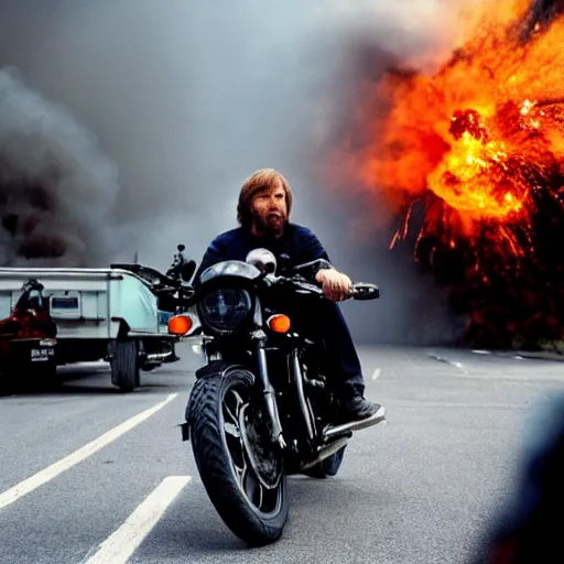 Image similar to a candid shot of Chuck Norris riding a giant motorcycle towards the camera, explosions in the background, 30 mm